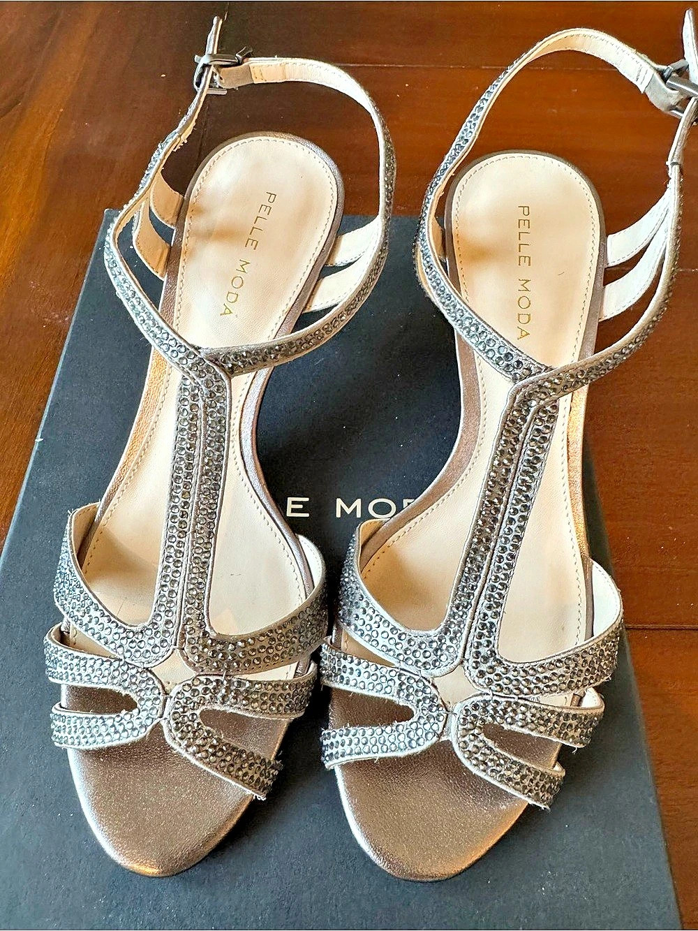 Pelle Moda Embellished Strappy Heels in Brown & Silver